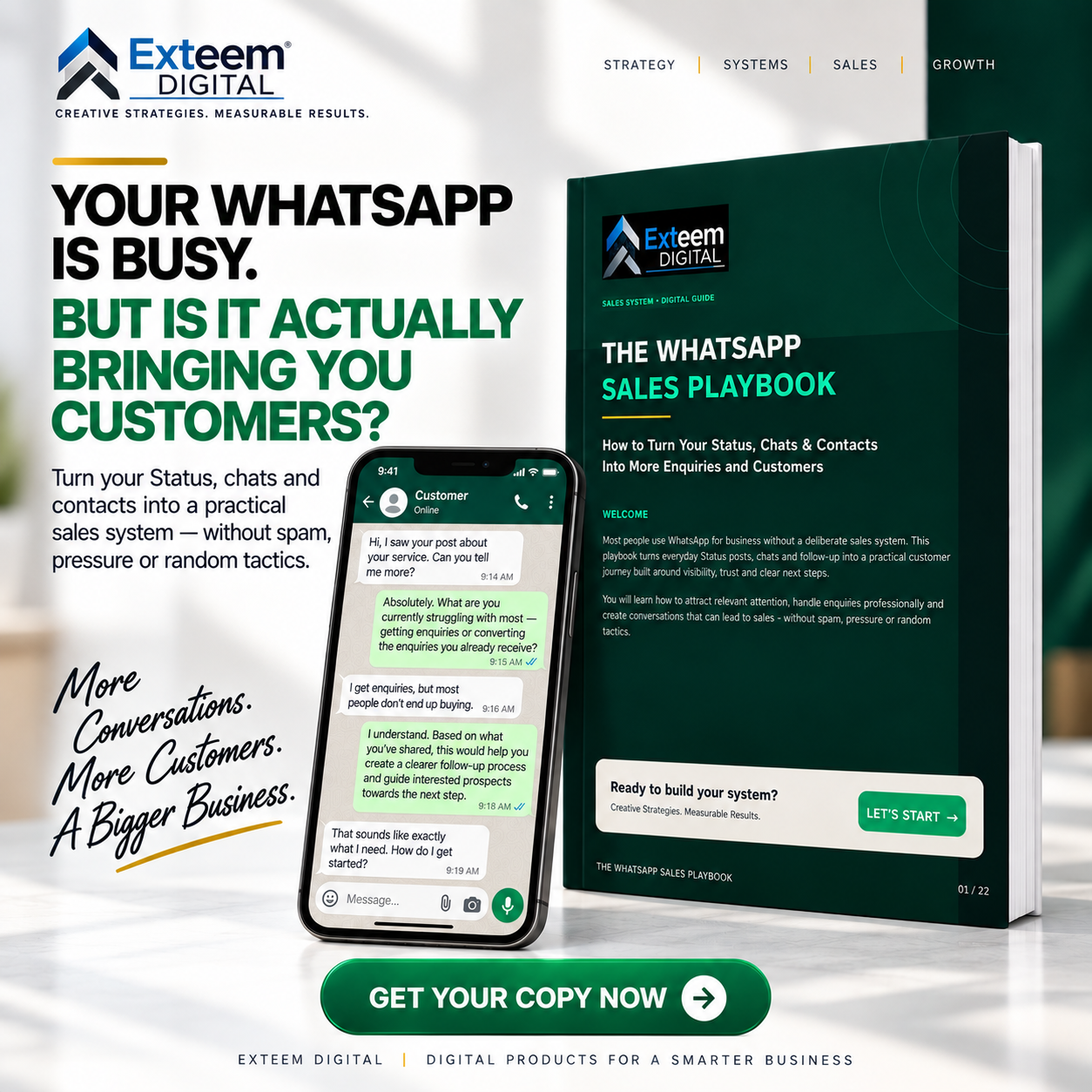 The WhatsApp Sales Playbook — Guide 01 cover, EXTEEM DIGITAL Practical Business Guides