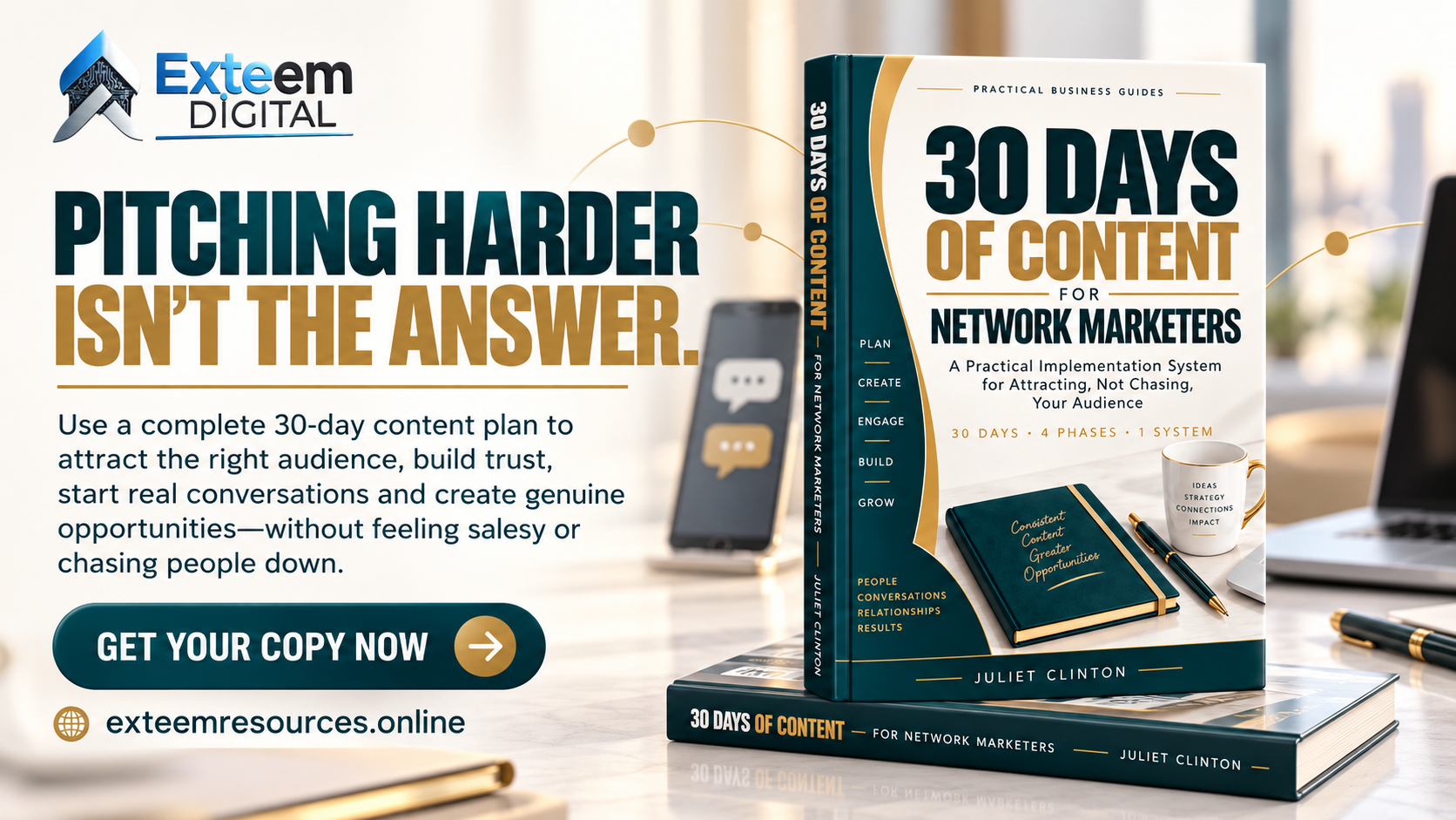 Promotional graphic for 30 Days of Content for Network Marketers, a practical content implementation system designed to help network marketers create consistent content that attracts audiences, starts conversations and builds relationships.