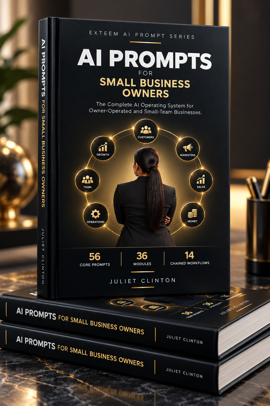 AI Prompts for Small Business Owners by Juliet Clinton — an EXTEEM AI Prompt Series resource featuring 56 core prompts, 36 modules and 14 chained workflows for owner-operated and small-team businesses.
