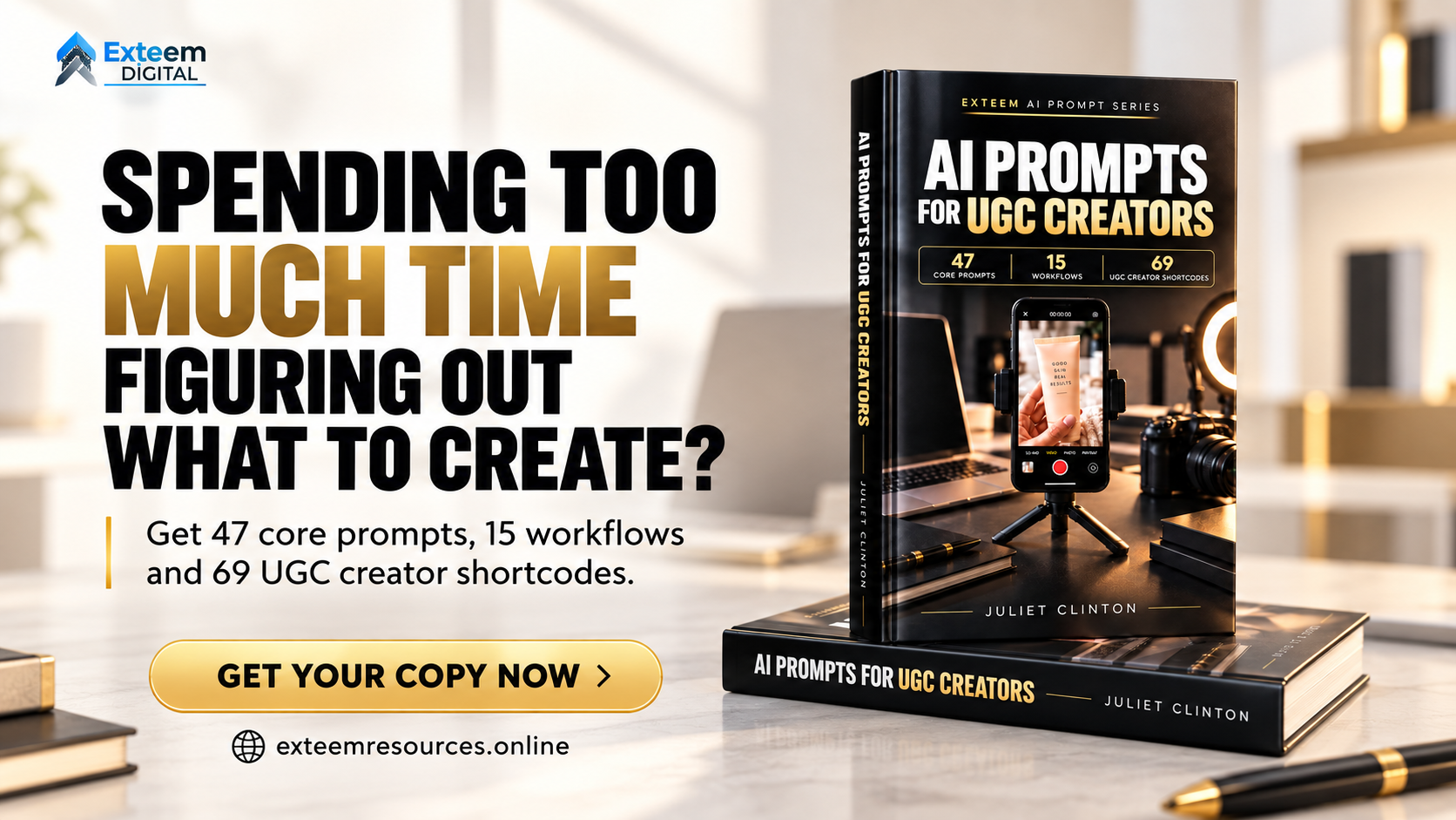 Promotional graphic for AI Prompts for UGC Creators, featuring 47 core prompts, 15 workflows and 69 UGC creator shortcodes designed to help creators plan and produce UGC more efficiently.