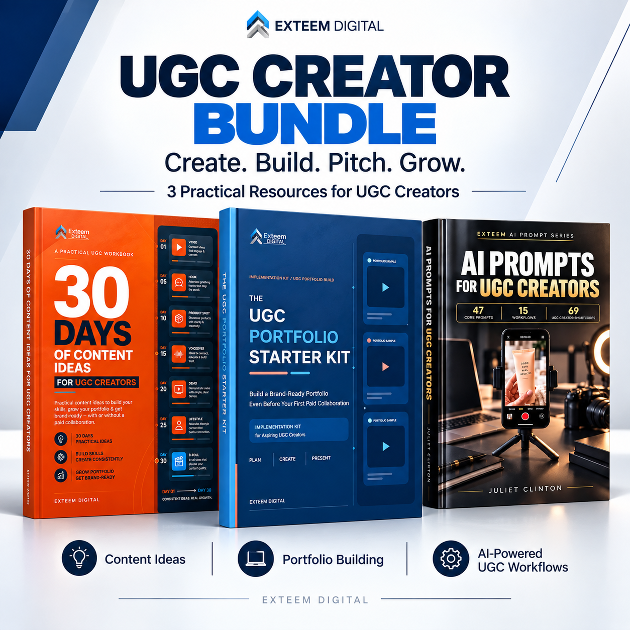 UGC Creator Bundle featuring 30 Days of Content Ideas for UGC Creators, The UGC Portfolio Starter Kit, and AI Prompts for UGC Creators.