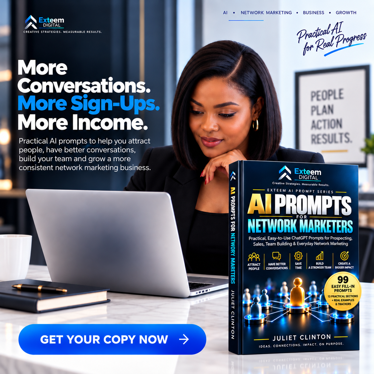 AI Prompts for Network Marketers — an EXTEEM AI Prompt Series resource with 99 prompts, 48 modules, 12 workflows, templates, checklists and additional resources for building a professional, duplicatable network marketing business.